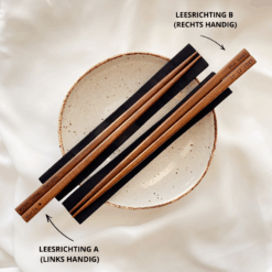 Gegraveerde eetstokjes in leesrichting A voor linkshandige mensen, en leesrichting B voor rechts handige mensen