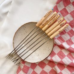 6 houten fondue vorkjes met gravure